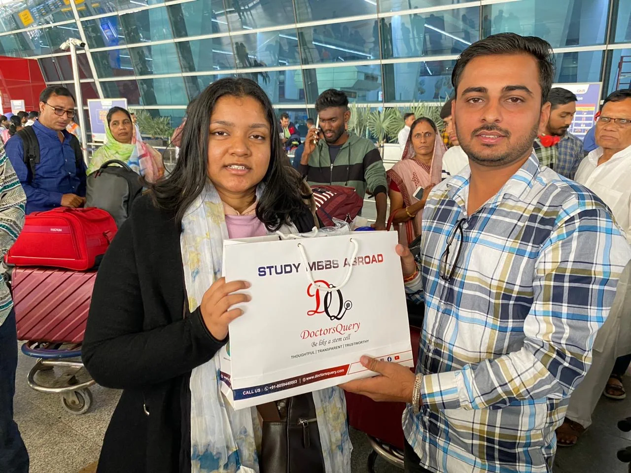 Doctors Query students preparing for an MBBS Abroad journey at the airport